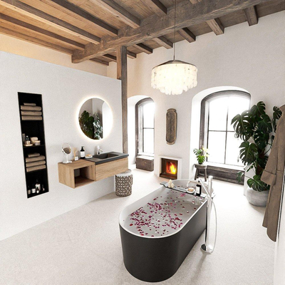 MONDIAZ BUKLA 120cm badmeubel met open module 40 kleur Washed Oak met 1 lade. Wastafel CLOUD rechts 1 kraangat kleur Urban.