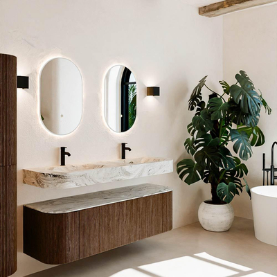 MONDIAZ THOR-DLUX Meuble de salle de bains 150cm arrondi gauche + droite couleur Walnut avec 1 tiroir et 2 portes. Vasque suspendue CLOUD Double 2 trous de robinet couleur Glace.