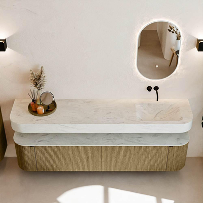 MONDIAZ THOR-DLUX 200cm meuble de salle de bains arrondi gauche + droite couleur Dusk avec 2 tiroirs et 2 portes. Vasque suspendue CLOUD Droite sans trou de robinet couleur Opalo.