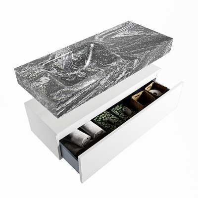 Mondiaz ALAN-DLUX Ensemble de meuble - 110cm - meuble Talc mat - 1 tiroir - Lavabo Cloud Lava suspendu - vasque gauche - 1 trou de robinet