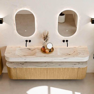 MONDIAZ THOR-DLUX 200cm meuble de salle de bains arrondi gauche + droite couleur Chêne avec 2 tiroirs et 2 portes. Vasque suspendue CLOUD Double sans trou de robinet couleur Nata.