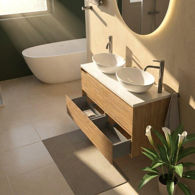 Saniclass Holz Pure Ensemble de meuble de salle de bains - 120x45x63cm - Plan vasque en marbre Dia poli (blanc) - 2 trous de robinet - 4 tiroirs - chêne natural mat (bois)