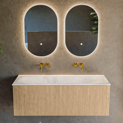 MONDIAZ KURVE-DLUX 120cm badmeubel kleur Oak met 1 lade. Wastafel BIG LARGE midden zonder kraangat kleur Frappe.