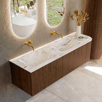 MONDIAZ KURVE-DLUX 155cm Meuble salle de bain avec module 25 D - couleur Walnut - 2 tiroirs - 1 porte - vasque LEAF double / gauche - sans trou de robinet - couleur Glace