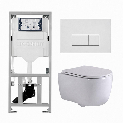 QeramiQ Dely Swirl Toiletset - 36.3x51.7cm - Geberit UP320 inbouwreservoir - met Burda frame - slim zitting - mat witte metalen bedieningsplaat - rechthoekige knoppen - glans wit