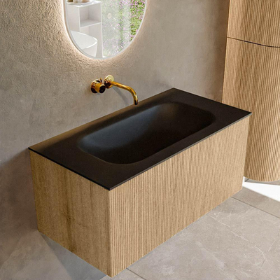 MONDIAZ KURVE 90cm badmeubel kleur Oak met 1 lade. Wastafel BIG SMALL midden zonder kraangat Urban.