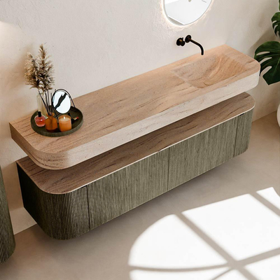 MONDIAZ THOR-DLUX 180cm meuble de salle de bains arrondi gauche + droite couleur Shadow avec 2 tiroirs et 2 portes. Vasque suspendue CLOUD droite sans trou de robinet couleur Saba.