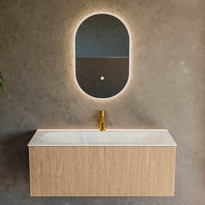 MONDIAZ KURVE-DLUX 110cm badmeubel kleur Oak met 1 lade. Wastafel BIG MEDIUM midden 1 kraangat kleur Opalo.
