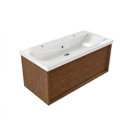 Saniclass Holz Frame Ensemble de meubles de salle de bains - 100x45x43.5cm - Lavabo Bari en céramique blanc - 1 vasque - 2 trous de robinetterie - 1 tiroir - walnut pure mat (bois)