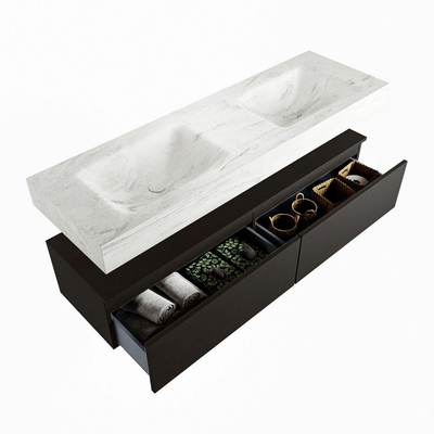 Mondiaz ALAN-DLUX Ensemble de meuble - 150cm - meuble Urban mat - 2 tiroirs - Lavabo Cloud Opalo suspendu - vasque Gauche et droite - 2 trous de robinet