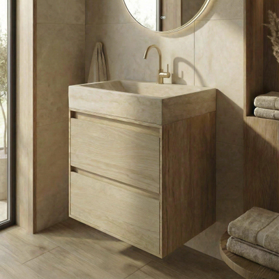 Forzalaqua Ibiza Ensemble meuble de salle de bains - 80x50x70cm - 2 tiroirs - lavabo en travertin - 1 trou de robinet - jeu de supports - bouchon de vidage - smoke