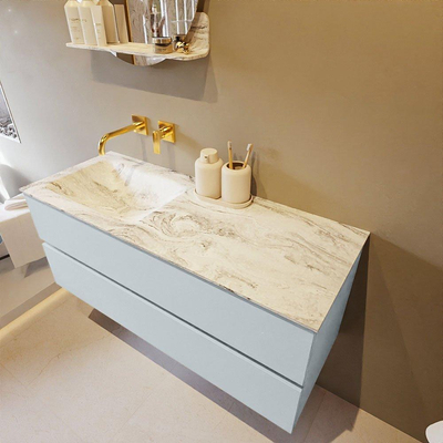 Mondiaz VICA-DLUX ensemble de meuble de salle de bain - 120cm - meuble sous-vasque argile - 2 tiroirs - lavabo encastré nuage gauche - sans trous de robinet - version haute de 60cm - glace