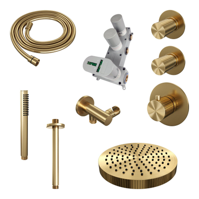 BRAUER Stripe Thermostatische Inbouw Regendouche - SET 03 - 25cm douchekop - plafondarm - staaf handdouche - doucheslang - wandaansluitbocht - goud geborsteld PVD