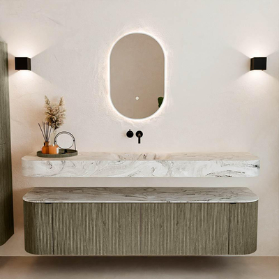 MONDIAZ THOR-DLUX 180cm meuble de salle de bains arrondi gauche + droite couleur Shadow avec 2 tiroirs et 2 portes. Vasque suspendue CLOUD Milieu sans trou de robinet couleur Glace.