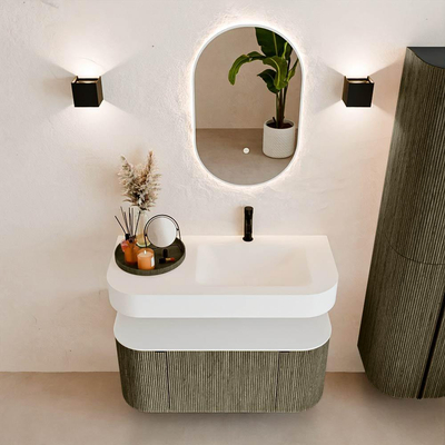 MONDIAZ THOR 100cm meuble de salle de bains arrondi gauche + droite couleur Shadow avec 1 tiroir et 2 portes. Vasque suspendue CLOUD Droite 1 trou de robinet couleur Talc.