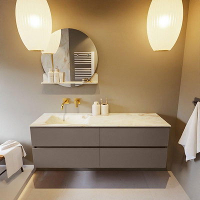 Mondiaz VICA-DLUX ensemble de meuble de salle de bain - 150cm - meuble sous-vasque fumée - 4 tiroirs - lavabo encastré nuage gauche - sans trous de robinet - version haute de 60cm - opalo