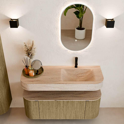 MONDIAZ THOR-DLUX 120cm meuble de salle de bains arrondi gauche + droite couleur Dusk avec 1 tiroir et 2 portes. Vasque suspendue CLOUD Droite 1 trou de robinet couleur Saba.