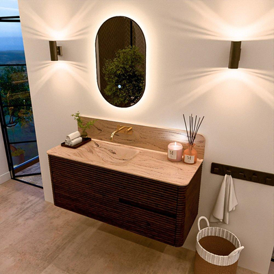 Mondiaz CIRO-DLUX Ensemble de meubles de salle de bains - 120x45x50cm - plan vasque solid surface Arena - 1 vasque à gauche - sans trous de robinet - 2 tiroirs - Noyer