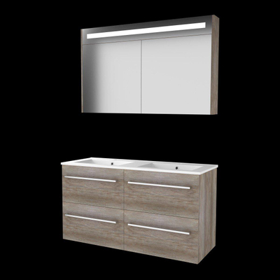 Basic-Line Premium 46 ensemble de meubles de salle de bain 120x46cm avec poignées 4 tiroirs lavabo en porcelaine 2 trous de robinetterie armoire de toilette éclairage led intégré mfc scotch oak