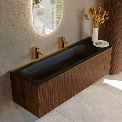 MONDIAZ KURVE meuble de salle de bains 145cm avec module 25 R couleur noyer avec 1 tiroir et 1 porte. Lavabo BIG LARGE gauche 2 trous de robinetterie Urban.