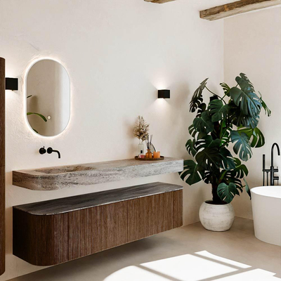 MONDIAZ THOR-DLUX 180cm meuble de salle de bains arrondi gauche + droite couleur Walnut avec 2 tiroirs et 2 portes. Vasque suspendue CLOUD Gauche sans trou de robinet couleur Oza.