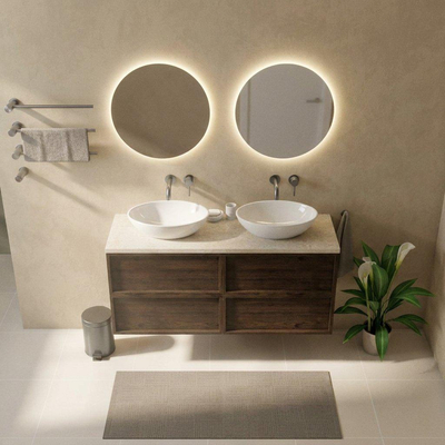Saniclass Holz Frame Ensemble meuble de salle de bains - 140x45x63cm - Plan de travail en pierre naturelle travertin - sans trou de robinet - 4 tiroirs - chêne charcoal mat (bois)