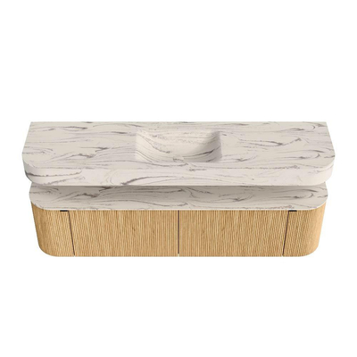 MONDIAZ THOR-DLUX 180cm badmeubel ronding links + rechts kleur Oak met 2 lades en 2 deuren. Vrijhangende wastafel CLOUD Midden zonder kraangat kleur Nata.