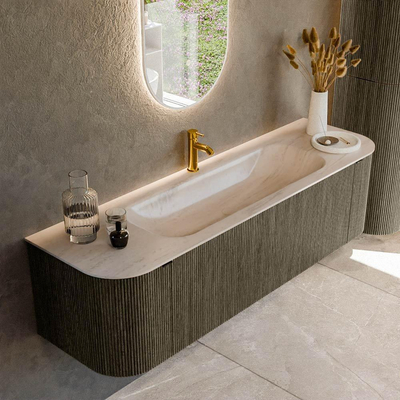 MONDIAZ KURVE-DLUX Meuble de salle de bains 160cm arrondi Gauche + Droite couleur Shadow avec 1 tiroir et 2 portes. Lavabo BIG MEDIUM Central 1 trou de robinet Meli.