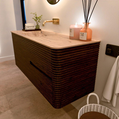 Mondiaz CIRO-DLUX Ensemble de meubles de salle de bains - 120x45x50cm - plan vasque solid surface Arena - 1 vasque à gauche - sans trous de robinet - 2 tiroirs - Noyer