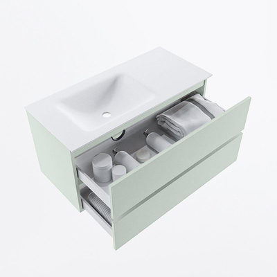 Mondiaz VICA Ensemble de meuble de salle de bain - 100cm - meuble sous-vasque greey - 2 tiroirs - lavabo cloud gauche - sans trous de robinet - version haute de 60cm - talc