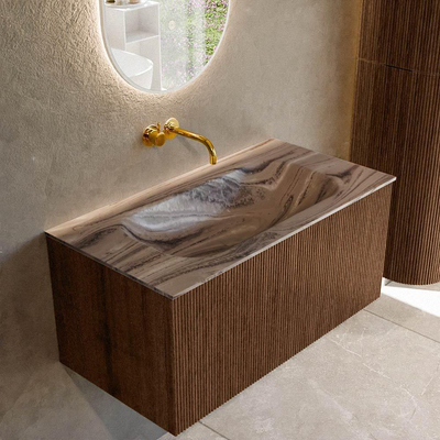 MONDIAZ KURVE-DLUX Meuble de salle de bains 90cm couleur Walnut avec 1 tiroir et 0 porte. Lavabo BIG SMALL Central sans trou de robinet Sombra.