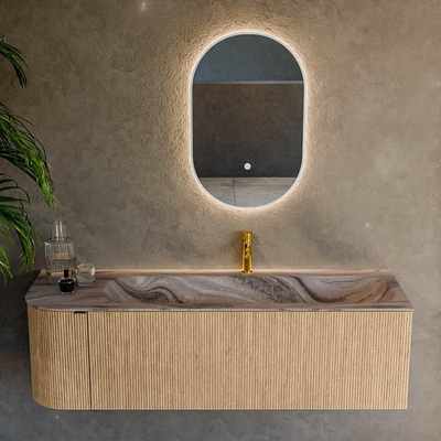 MONDIAZ KURVE-DLUX 145cm badmeubel ronding Links kleur Oak met 1 lade en 1 deur. Wastafel BIG LARGE Rechts 1 kraangat Sombra.