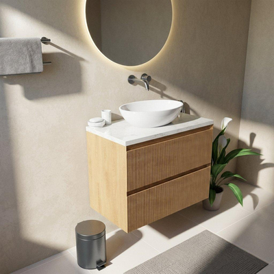 Saniclass Holz Atelier Ensemble meuble de salle de bains - 80x45x63cm - Plan vasque en marbre Dia poli (blanc) - sans trou de robinetterie - 2 tiroirs - chêne natural mat (bois)