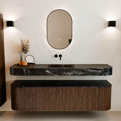 MONDIAZ THOR-DLUX 170cm badmeubel ronding links + rechts kleur Walnut met 1 lade en 2 deuren. Vrijhangende wastafel CLOUD Midden zonder kraangat kleur Lava.