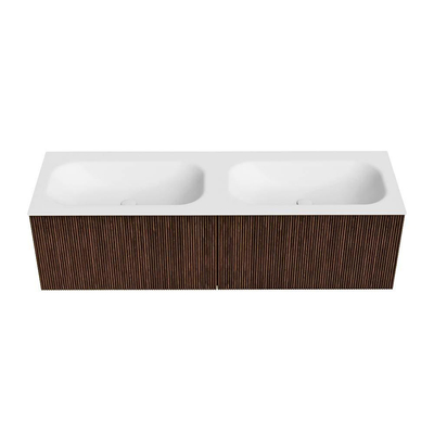 MONDIAZ KURVE Meuble de salle de bains 150 cm couleur Walnut avec 2 tiroirs. Lavabo BIG SMALL double 2 trous de robinet Talc.