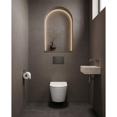 QeramiQ Dely Pack WC - 36,3x51,7cm - à fond creux - sans bride - réservoir encastré Geberit UP720 - abattant WC softclose 35 mm - plaque de commande en métal noir mat - boutons rectangulaires - blanc mat