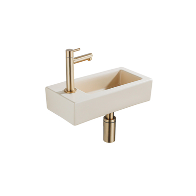 QeramiQ Fuente Fonteinset - 37.5x18.5x9cm - keramiek - kraangat links - fonteinkraan geborsteld messing - afvoerplug - verlaagd sifon - Mat Beige