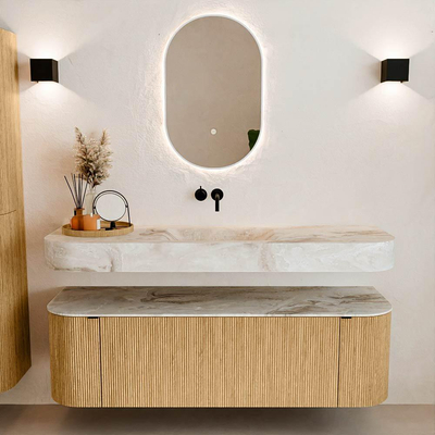 MONDIAZ THOR-DLUX 150cm badmeubel ronding links + rechts kleur Oak met 1 lade en 2 deuren. Vrijhangende wastafel CLOUD Midden zonder kraangat kleur Frappe.