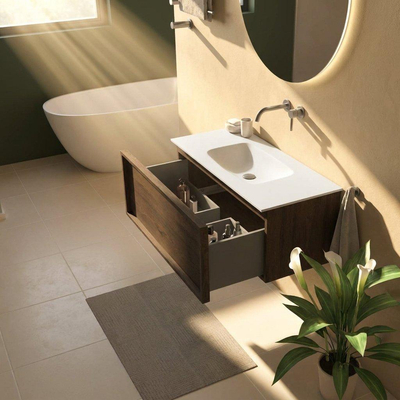 Saniclass Holz Frame Ensemble meuble de salle de bains - 100x45x41.5cm - Vasque Flow en solid surface blanc - 1 vasque - sans trou de robinet - 1 tiroir - chêne charcoal mat (bois)