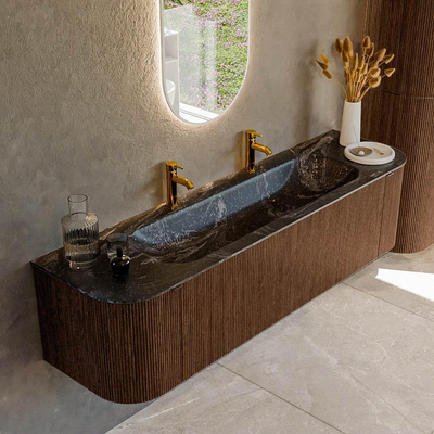 MONDIAZ KURVE-DLUX 170cm badmeubel met module 25 Len R kleur Walnut met 1 lade en 2 deuren. Wastafel BIG LARGE midden 2 kraangaten kleur Lava.