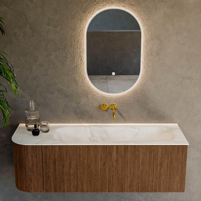 MONDIAZ KURVE-DLUX 135cm Meuble salle de bain avec module 25 G - couleur Walnut - 1 tiroir - 1 porte - vasque BIG MEDIUM droite - sans trou de robinet - couleur Ostra