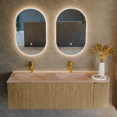 MONDIAZ KURVE-DLUX Meuble de salle de bains 145 cm arrondi à droite couleur Dusk avec 1 tiroir et 1 porte. Vasque LEAF Double / gauche 2 trous de robinet Saba.