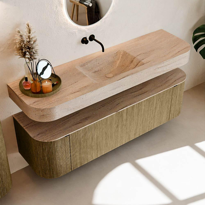 MONDIAZ THOR-DLUX Meuble de salle de bains 160cm arrondi gauche + droite couleur Dusk avec 1 tiroir et 2 portes. Vasque suspendue CLOUD Milieu sans trou de robinet couleur Saba.