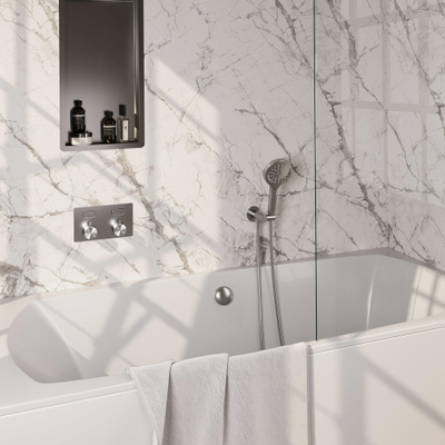 BRAUER Brushed Edition mitigeur de bain encastré thermostatique - boutons-poussoirs SET 04 - ensemble de remplissage de bain - douchette 3 fonctions - flexible de douche - coude d'alimentation mural - inox brossé PVD