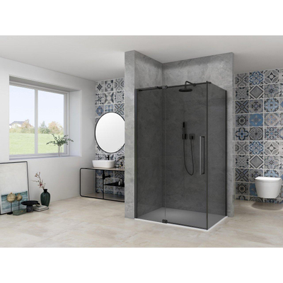 Van Rijn Products ST08 Vaste wand - 100x200cm - grijs rookglas - dikte 8mm - muurprofiel - Zwart