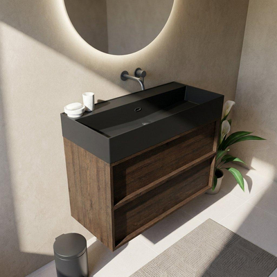 Saniclass Holz Frame Ensemble meuble de salle de bains - 100x45x72cm - Legend lavabo en céramique noir mat - 1 vasque - sans trou de robinetterie - 2 tiroirs - chêne charcoal mat (bois)