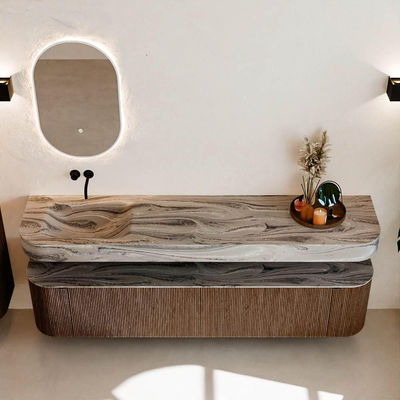 MONDIAZ THOR-DLUX 200cm meuble de salle de bains arrondi gauche + droite couleur Walnut avec 2 tiroirs et 2 portes. Vasque suspendue CLOUD Gauche sans trou de robinet couleur Sombra.