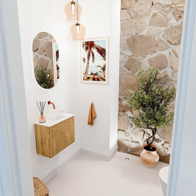 Mondiaz JOYA 50cm toiletmeubel - kleur Oak - Wastafel FAYE positie Rechts Zonder kraangat kleur Talc.