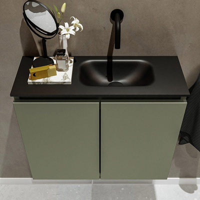 MONDIAZ TURE Toiletmeubel 60x23x50cm met 0 kraangaten 2 deuren army mat Wastafel Eden rechts Solid Surface Zwart