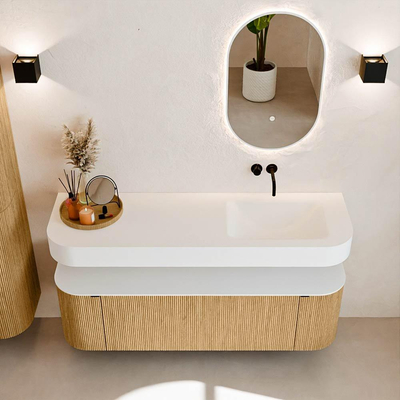 MONDIAZ THOR Meuble de salle de bains 150cm arrondi gauche + droite couleur Oak avec 1 tiroir et 2 portes. Vasque suspendue CLOUD Droite sans trou de robinet couleur Talc.